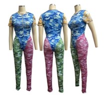 Women Summer Camouflage Print Bodysuits Pants Suit 2PC Set Club Party Outfits K