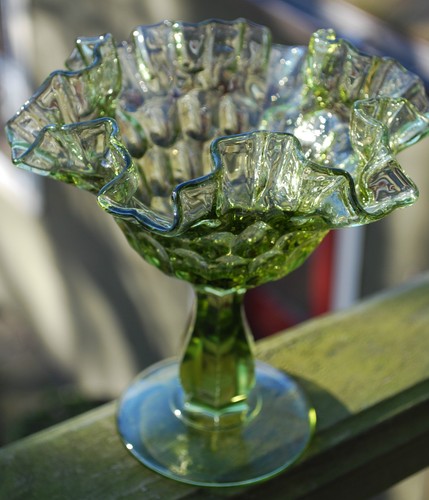 FENTON GREEN ART GLASS Pedestal Footed Candy Dish RUFFLED EDGE Thumbprint Dots - Picture 7 of 7