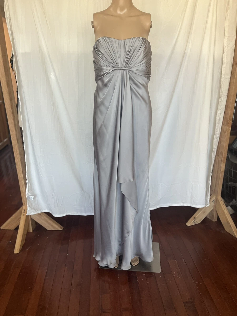 ML Monique Lhuillier Bridesmaids Strapless Gown Sz 4 Silver Satin