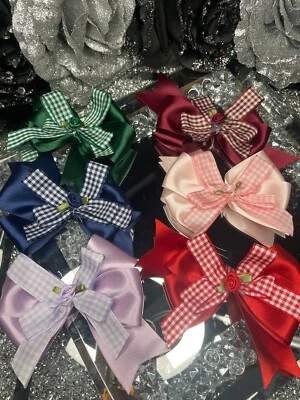 💝School Bow Gingham Check Nursery Hair Bows Clips x 2 🎀 The frilly sock shop❤️