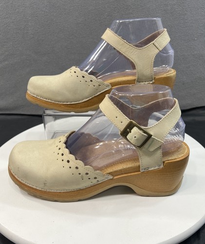 Modellista Italy Mary Jane Clogs Shoes Women Size 7 Beige Scalloped Leather - Picture 2 of 20