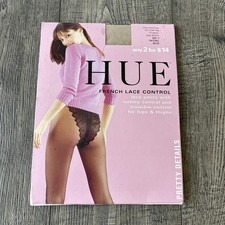 VINTAGE 80s HUE FRENCH LACE TUMMY CONTROL SHEER Natural PANTY HOSE sz 3