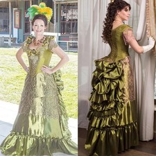 Green Evening Dresses Victorian Bustle Costume Pleats Ruffle The Gilded Age Gown