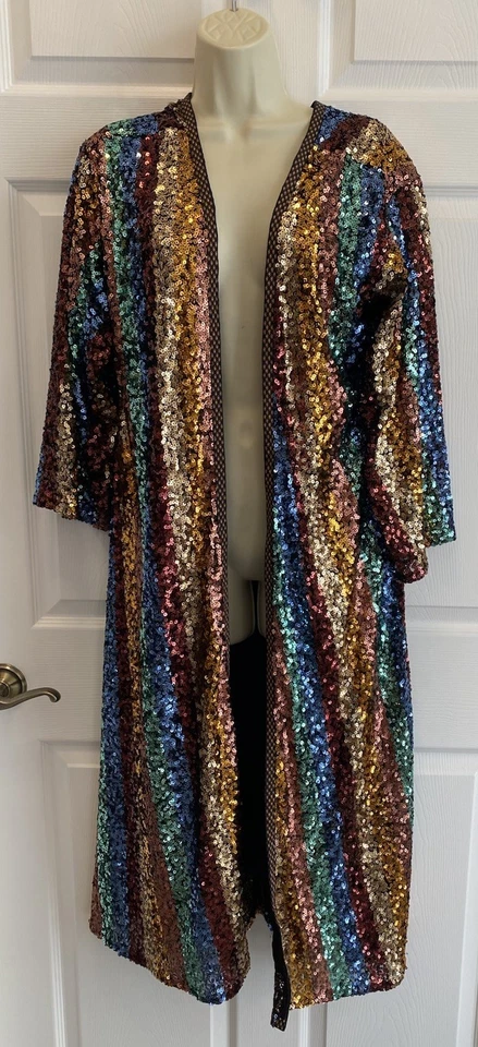 Bata Free People Lentejuelas Prisma Multicolor Rayas Kimono Plumero Chaqueta Boho Glam Foto 4 de 4