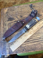 RARE 1960s SOLINGEN GERMANY WILDCAT VINTAGE STAG BONE 9" HUNTING KNIFE, CASE SET