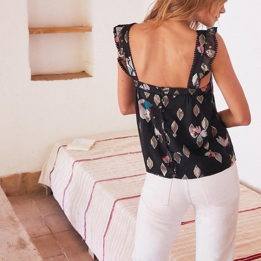 Sezane Abby Blouse Black Metallic Floral Diamond Silk Tank Top Button Down image 4