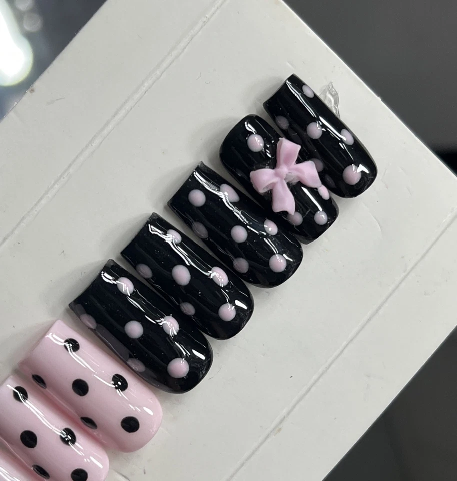 🌸 CUSTOM Press On Nails PINK BLACK POLKA DOTS  BOW 10p SET W Kit - Image 2 of 4