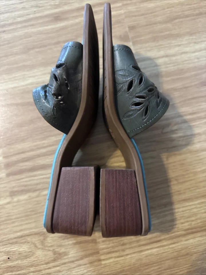 Westies 复古 90 年代蓝色/绿色皮革拖鞋粗跟,尺寸 7M — 第 4/4 张图片