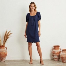 Chic Knee Length Dress Blue Linen Shift Square Neck Short Sleeve Pockets US 8