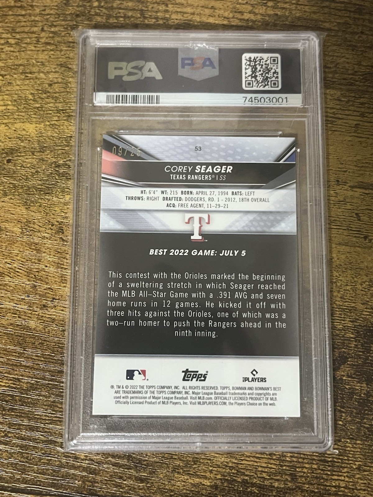 2022 BOWMAN'S BEST COREY SEAGER ORANGE REFRACTOR 09/25 PSA 10 RANGERS POP 1 🔥🔥 view 2