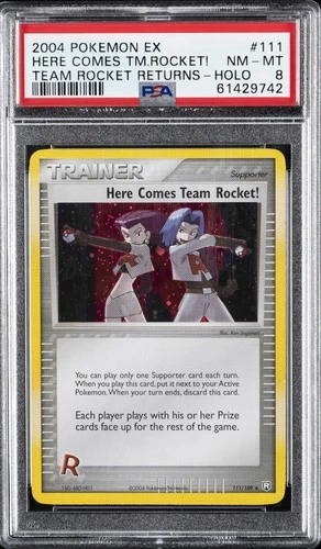 2004 POKEMON EX TEAM ROCKET RETURNS #111 HERE COMES TEAM ROCKET!-HOLO PSA 8