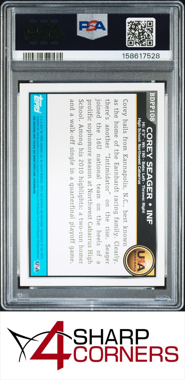 2010 BOWMAN DRAFT PICKS & PROSPECTS #108 COREY SEAGER RC PSA 10 view 2