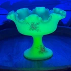Fenton Compote Hand Painted Signed Uranium Custard Satin Glass Glows Candy Dish