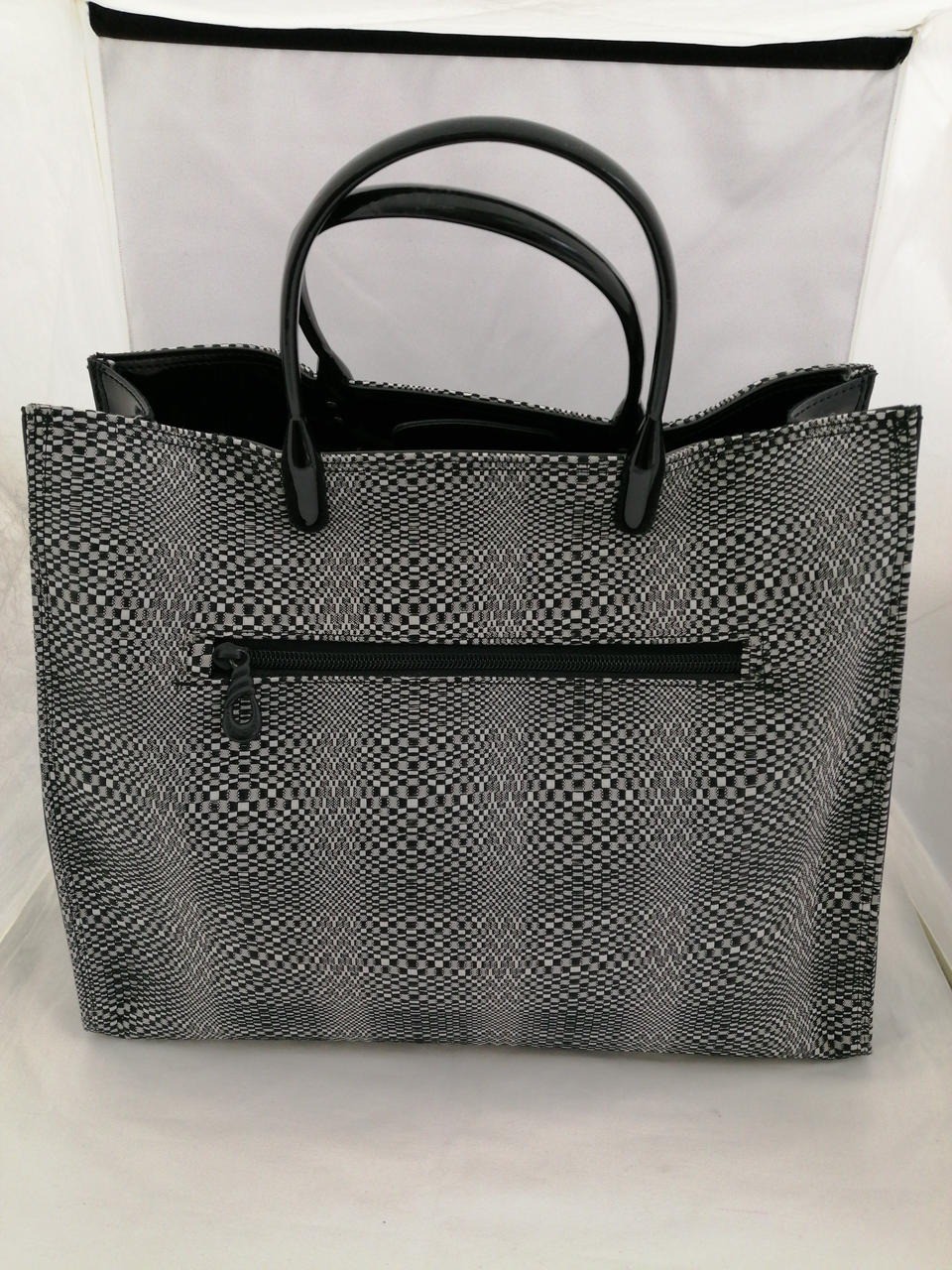 Authentic Balenciaga Tote bag Top handles Check pattern Enamel Black White Logo