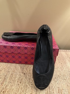 Tory Burch Reva Tumbled Leather With Black Leather Logo Classic Flats Sz-9