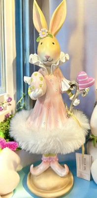 Jolie Fleur Easter Bunny Rabbit  Figurine Pink Fur Trim Coat Pastel Egg 14  NWT