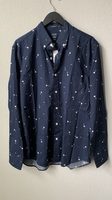J Crew Shirt Mens Large Navy Flex Washed Martini Olive Cocktail Print Shirt