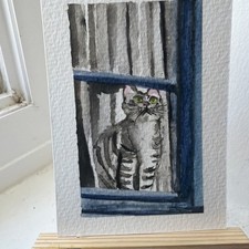 Original ACEO, Mini Painting Cat At The Window