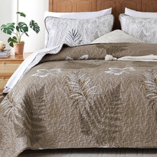 Brown Quilts Set Queen Size, Botanical Bedspread Bedding Set Floral Leaf Pattern