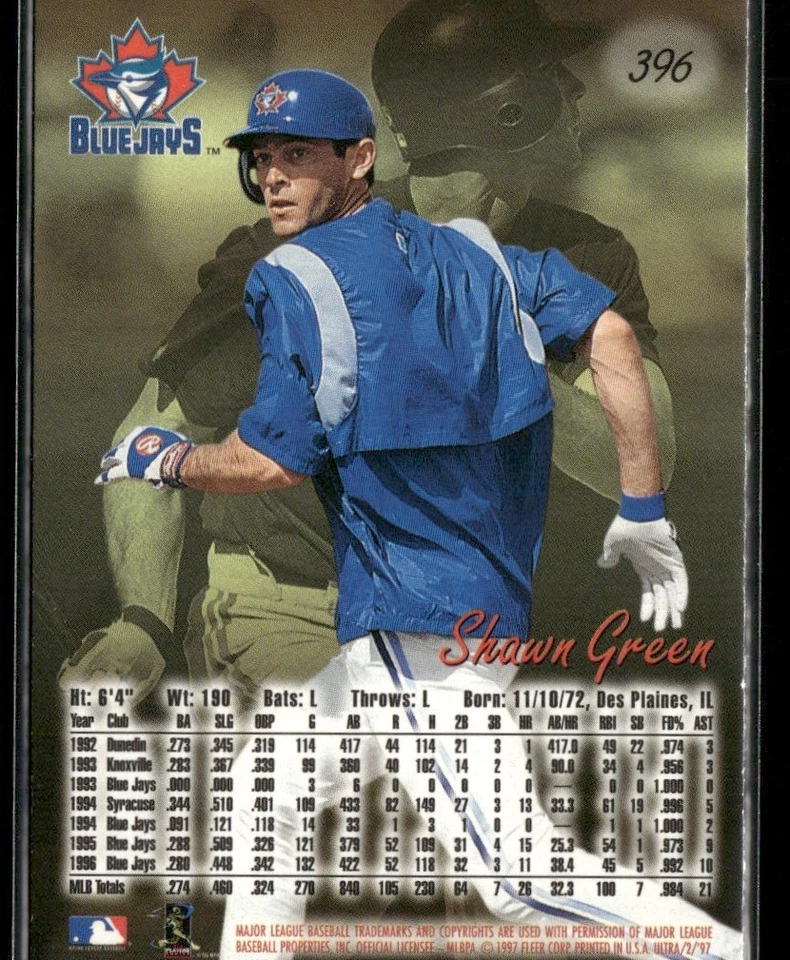 1997 FLEER ULTRA SHAWN GREEN TORONTO BLUE JAYS #396 - Image 2 of 3