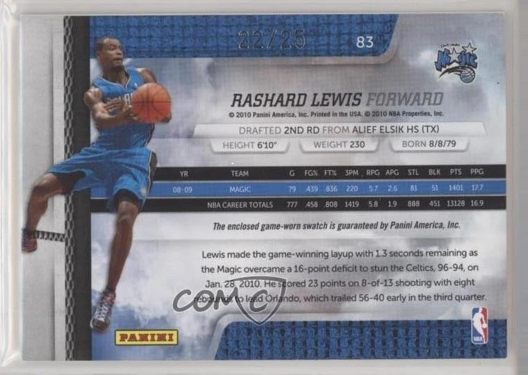 2009-10 Absolute Memorabilia Spectrum Materials Prime /25 Rashard Lewis #83 - Image 2 of 2
