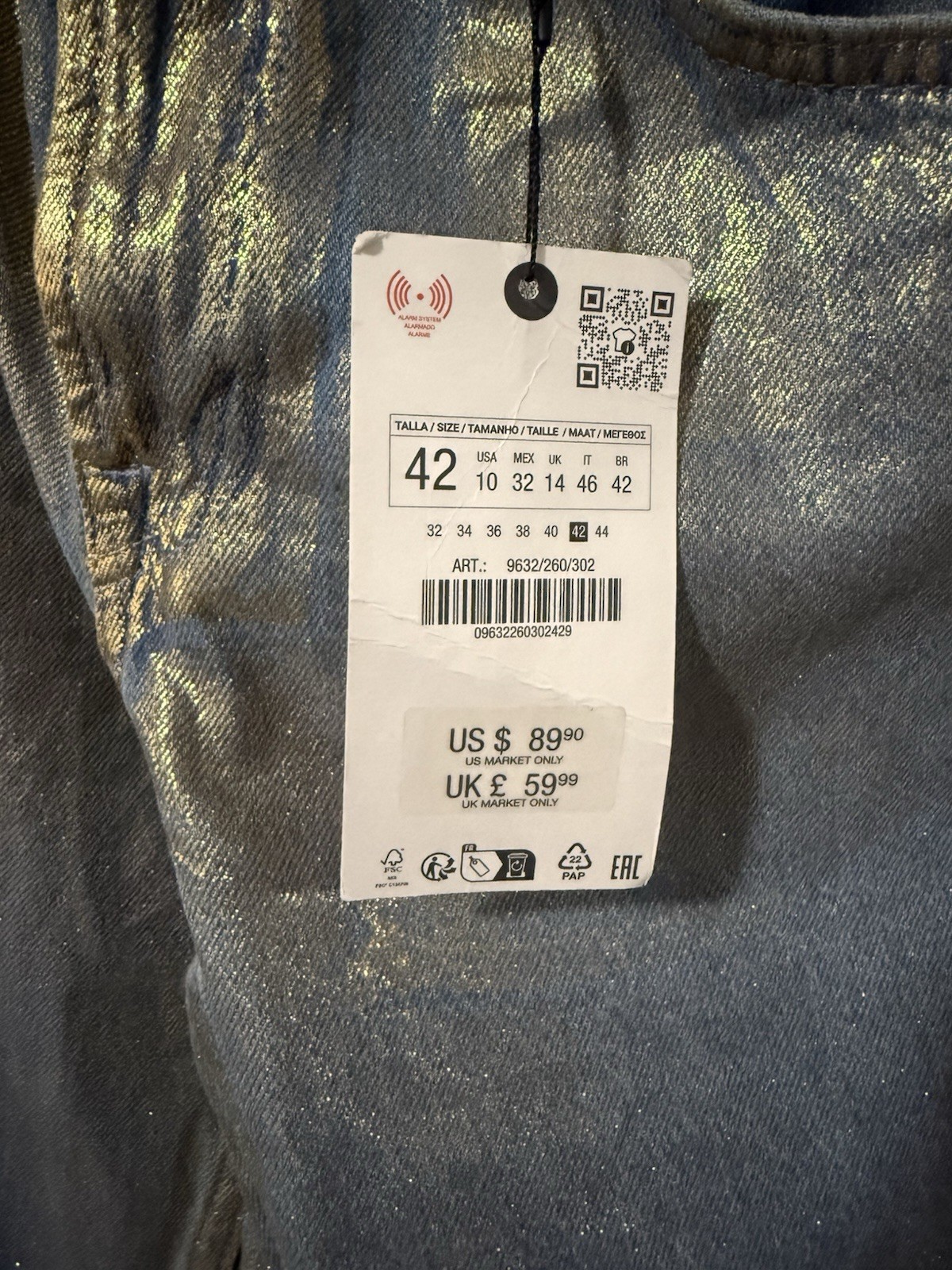 ZARA Metallic Mid Rise Straight Denim Jeans Women's Blue Button Zip 5-Pocket thumbnail 8