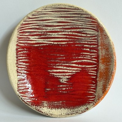Vintage Sgraffito Studio Keramik Teller Volcanic Red Fuerteventura Artisan 14 cm