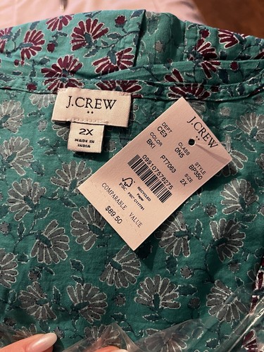 J Crew Cover Up Tie Front Turquoise Purple Floral Print Organic Cotton Tassel 2X - Picture 6 of 6