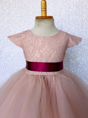 Rustic Pink Blush Cap Sleeve French Lace 3 Layer Tulle Junior Gown 2 4 6 8 10 12 - Picture 18 of 18