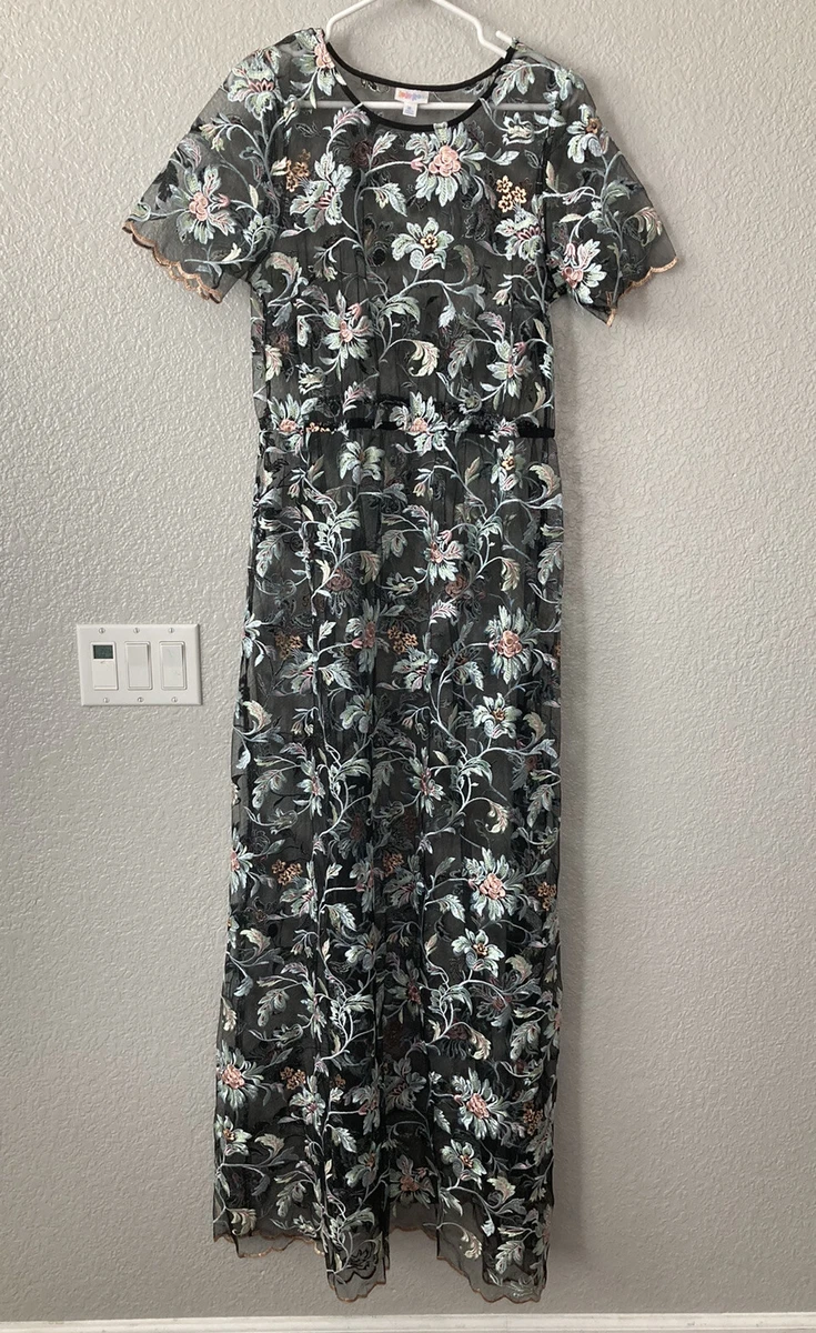 NWOT LuLaRoe Deanne 2 Sheer Black Overlay Maxi Dress Rare Embroidered Floral XL