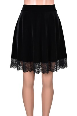 Lace Trim Black Stretch Velvet Skater Skirt plus size high waist XS-3XL  gothic