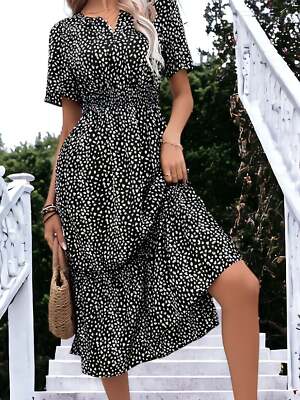 short sleeve smock midi dress WOMEN'S SHORT SLEEVE V-NECK FRONT SLIT FLORAL PRINT SMOCK MAXI DRESS 2S-2M-2L