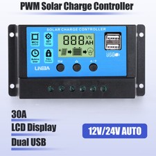 30A PWM Solar Charge Controller 12V/24V Panel Battery PV Regulator 2 USB Auto