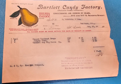 ANTIQUE EPHEMERA LETTERHEAD BILLHEAD BARTLETT FACTORY NATIONAL CANDY CO 1910