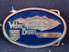 VTG AMWEST Casting Belt Buckle Advertising Basin Jobs Corps Gold  Blue Color