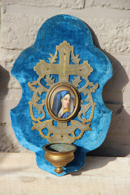 Antique French Religious holy water font porcelain medaillon madonna velvet 
