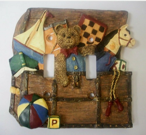 VTG Double Light Switch Cover Wooden Toy Chest Teddy Bear Hand painted 1997 NIP - Picture 5 of 5