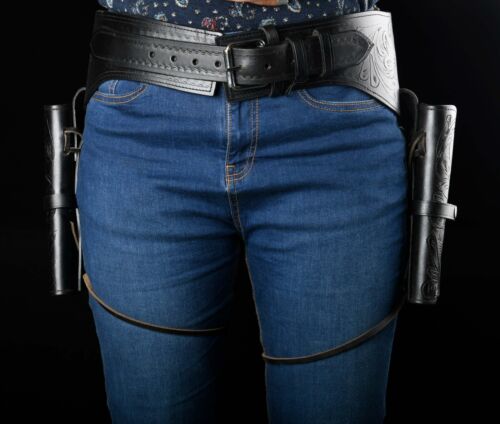 WESTERN LEATHER COWBOY TOOLED STYLE SINGLE DROP RIG GUN HOLSTER & GUN BELT - Picture 11 of 22