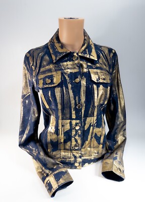 Vintage MOSCHINO 90s Gold Metallic Print Dark Wash Denim Jacket