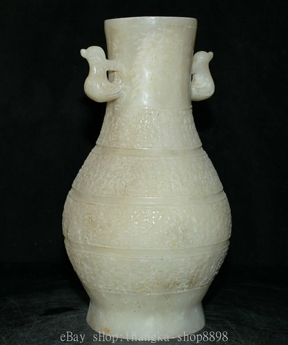 Ancien vase mode bouteille vin texte oreille oiseau dynastie sculpture jade blanc chinois Han 12