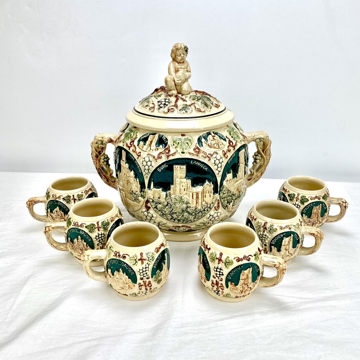 Vintage German 5L Pottery Castle Scene Lidded Punch Bowl Set w/ 6