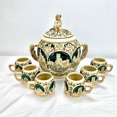 Vintage German 5L Pottery Castle Scene Lidded Punch Bowl Set w/ 6
