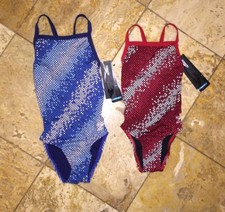 Speedo One-Piece Swimsuit Youth Girls Endurance Razor Dot Flyback Blue NWT 84