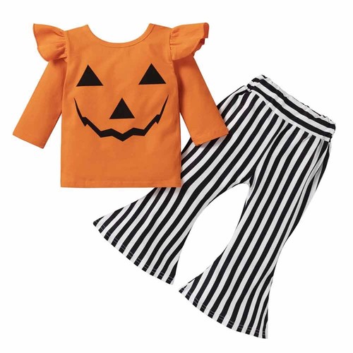Kids Baby Girls Halloween Costumes Long Sleeve Pumpkin Tops+Pants Clothes Set - Picture 6 of 7