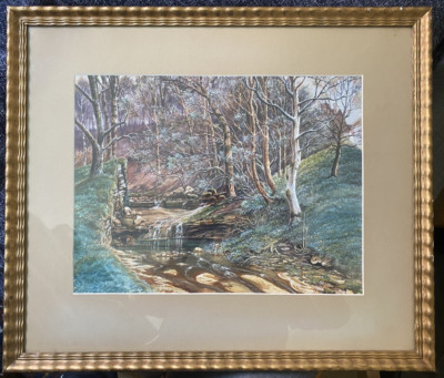 ::AQUARELL UNLESERLICH SIGNIERT °1918 FLUß BACH STEINE IM GEWÄSSER FRÜHLING ALT