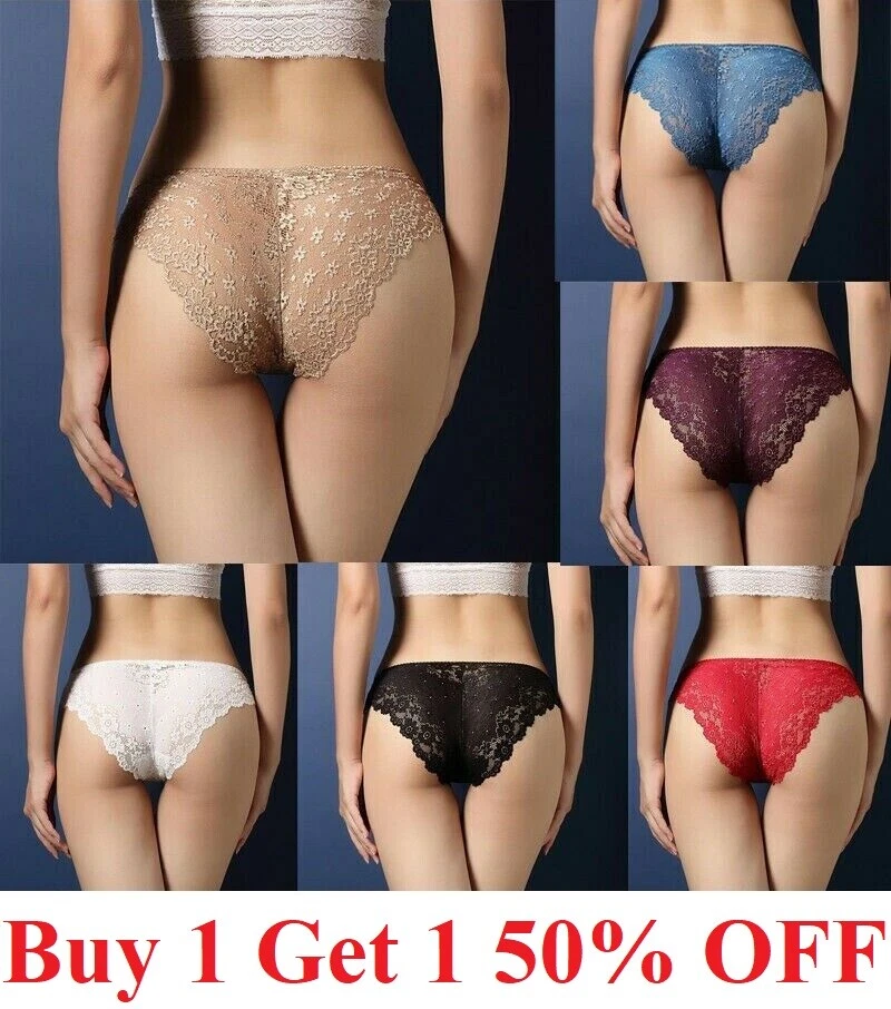 Women Panties Seamless High Waist Transparent Lace Floral Thong