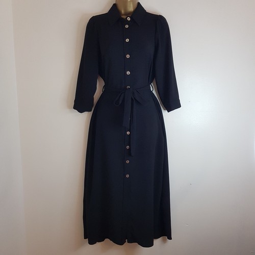 NEW DOROTHY PERKINS 820 Black Textured Silver Buttons Belted Midi