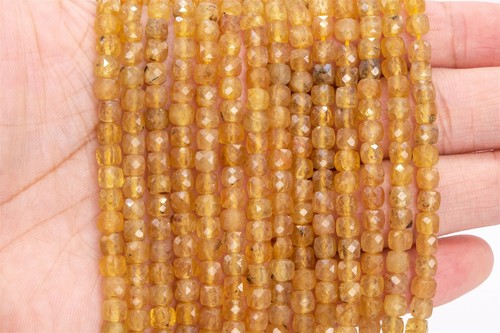 4x4MM Yellow Brown Apatite Faceted Cube Grade AA Genuine Natural Loose Beads - Picture 3 of 4