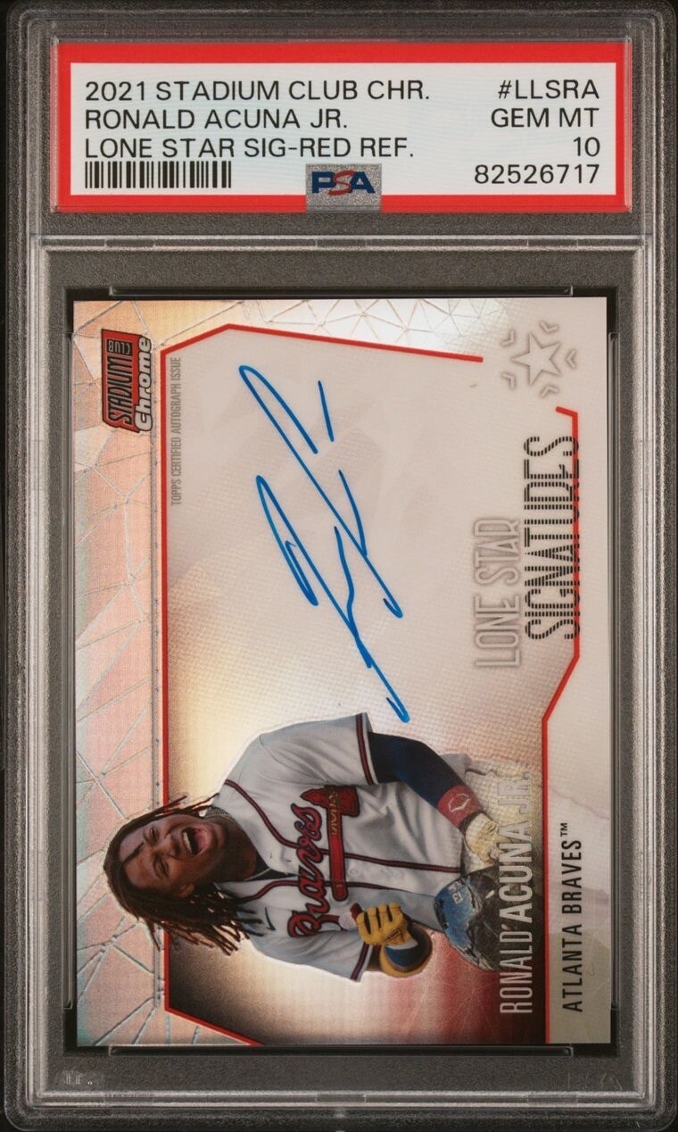 Ronald Acu a Jr. Atlanta Braves 2021 Stadium Club Chrome Lone Star Sigs. Ronald Acuna Jr. Red Auto 5/5 PSA 10 