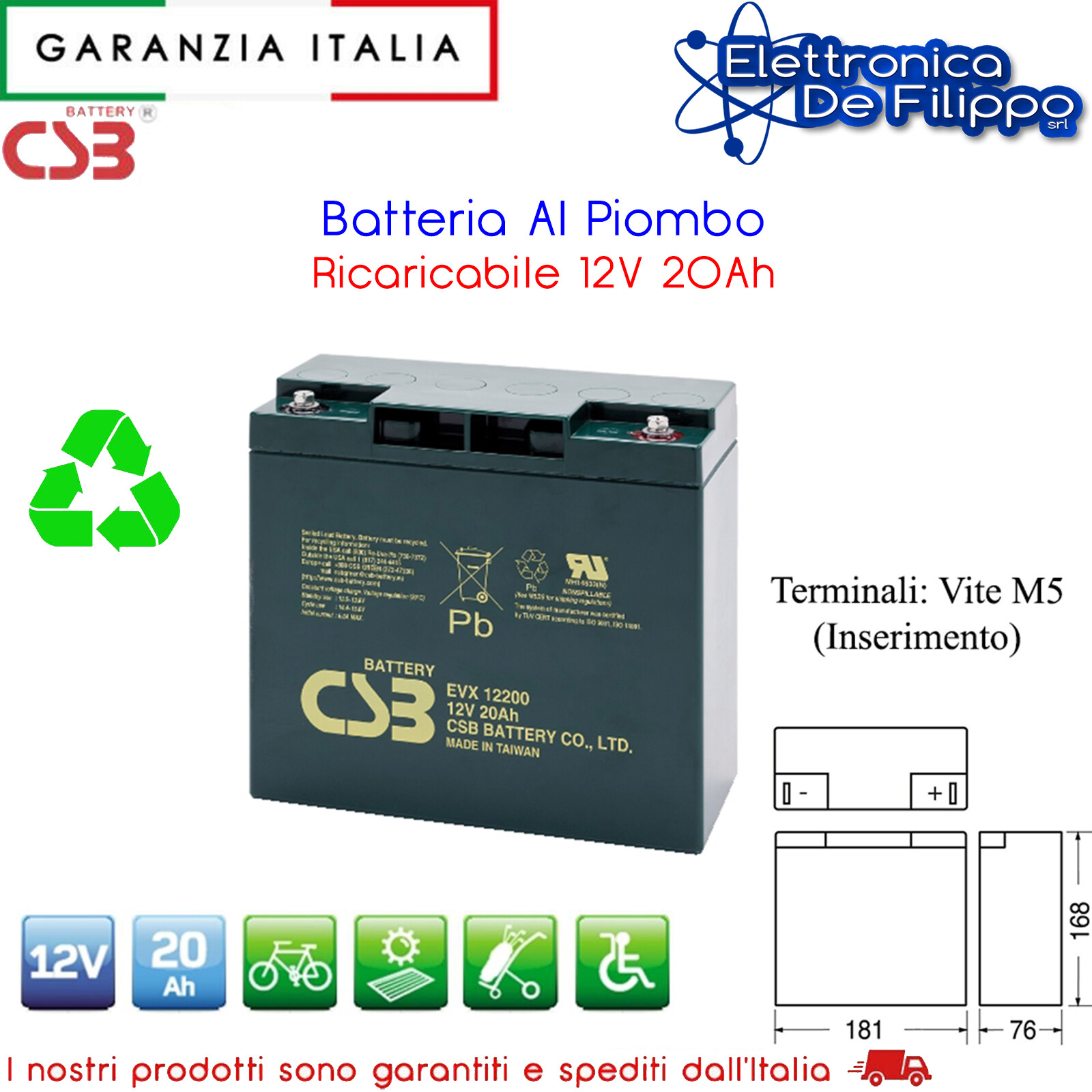 Batteria Industriale CSB EVX12200 12V 20Ah VRLA AGM Ciclica